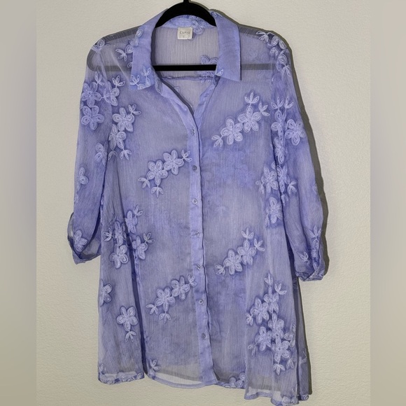 CUPIO Sheer Lavender Button Up with 3/4 Sleeves and Embroidery Detail, Large - Picture 1 of 5